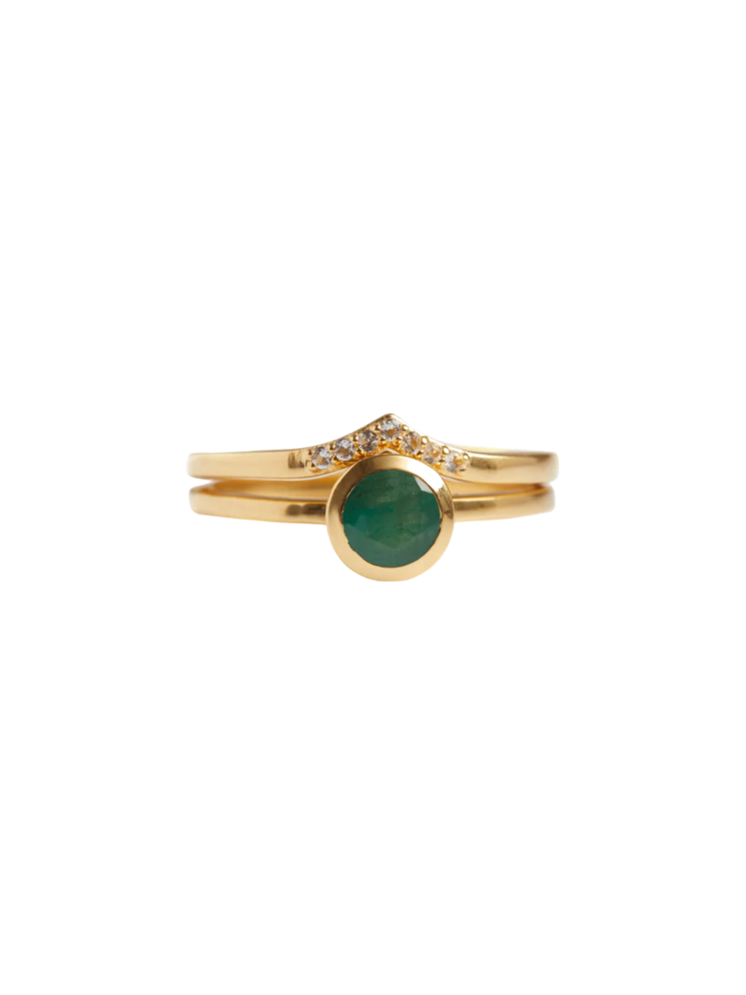 Peak pave solitaire stack emerald solid gold ring set